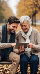 Grandson Teaching Grandmother to Use Tablet in Autumn Park
