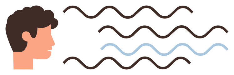 Male face in profile with wavy lines symbolizing sound transmission, voice, or communication flow. Ideal for themes of communication, speech, sound, technology, information, education