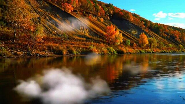 Sungai dekat tebing vegetasi musim gugur, aliran tenang, awan putih lembut, Realistis, 3D look (cinematic), Statis (kamera diam), Smooth (gerakan tidak tersendat), 4K resolusi, Loopable seamless
