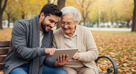 Smiling grandson helps his elderly grandmother navigate a tablet while sitting on a bench 