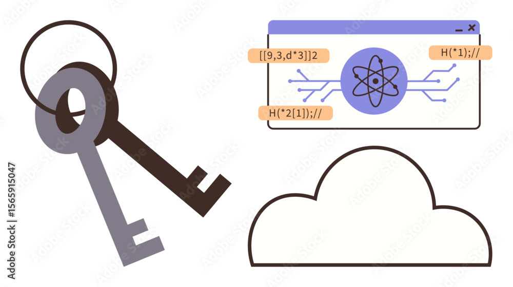 Poster keys symbolize security, browser window displays coding and connections, and cloud represents data s