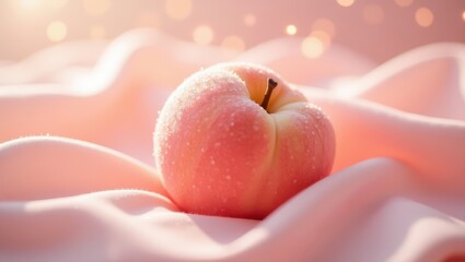 A close-up ASMR aesthetic image of a soft, blushing pink peach resting gently on a silky, pastel pink fabric. The peach has a delicate fuzzy texture, with dew-like condensation glistening on its surfa