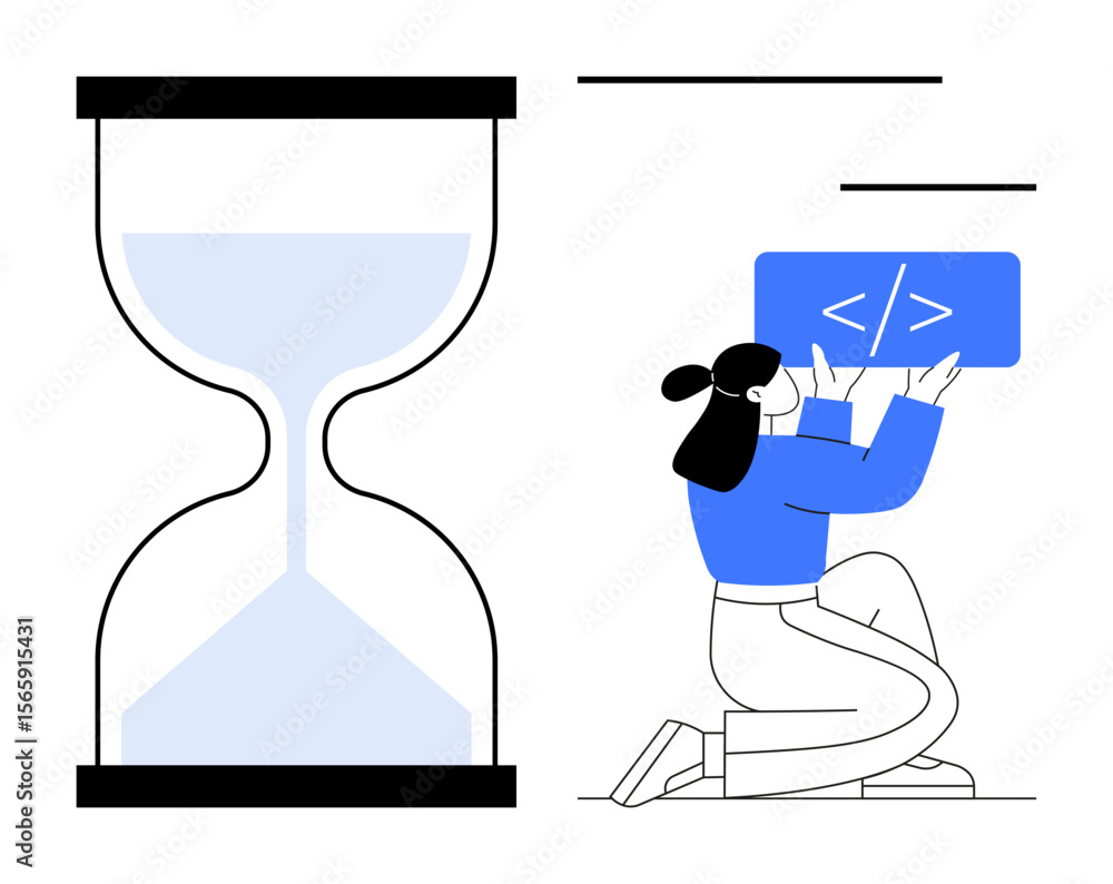 Poster hourglass representing time with a developer holding a code segment. ideal for time management, codi
