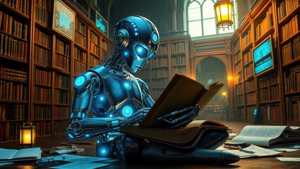 robot ai sits in the library and reads a book. Concept of text generation, AI training and information systematization