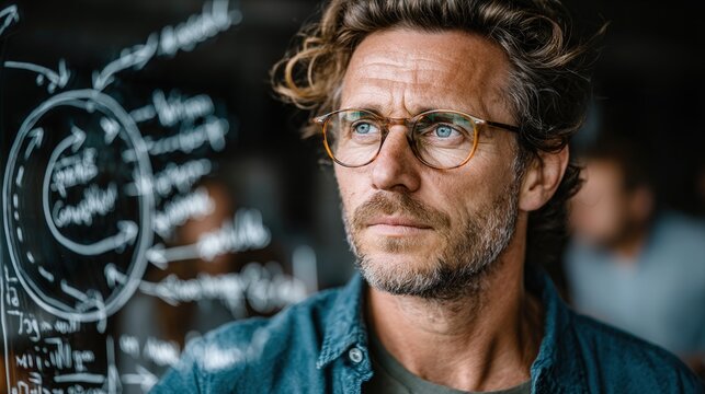 Confident young businessman stands by a clear glass board with hand-drawn mind map, sunlight streaming into a minimalist office.