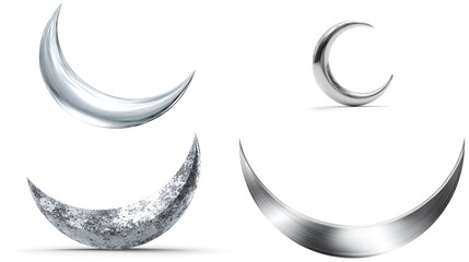 Four shiny crescent moons in various metallic finishes on a white background
