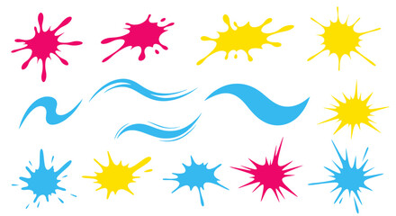 Obraz premium Illustration of pink, yellow, and blue paint splatters and curved lines on a white background