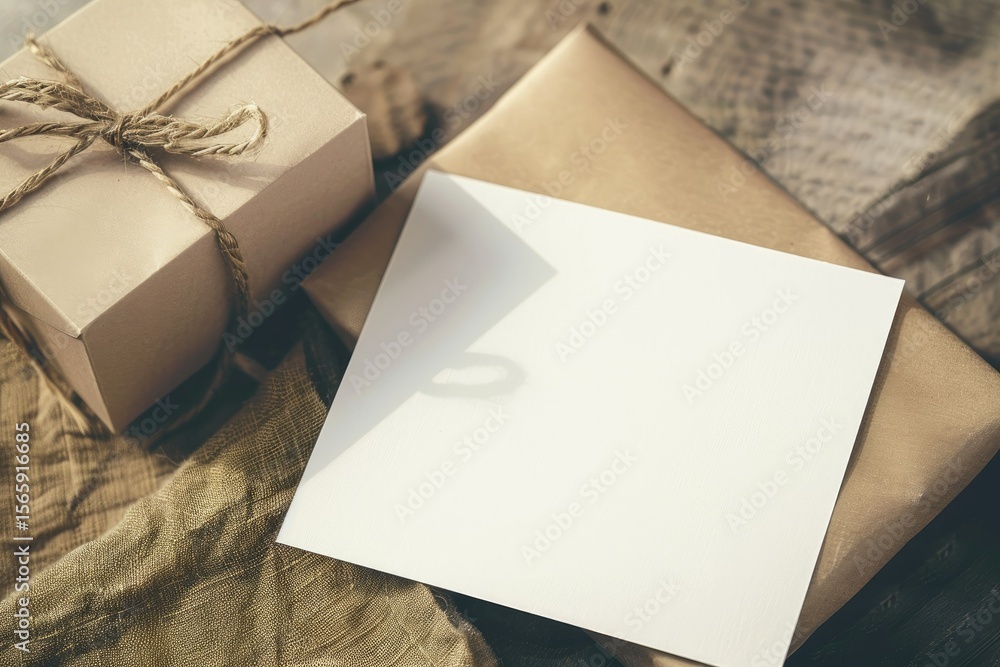 Poster high resolution of a blank card with a box on it and a box of paper on the side