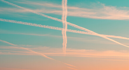 Contrails crisscrossing a vibrant sunset sky airplane trails air travel flight journey aviation freedom wanderlust sky blue clouds
