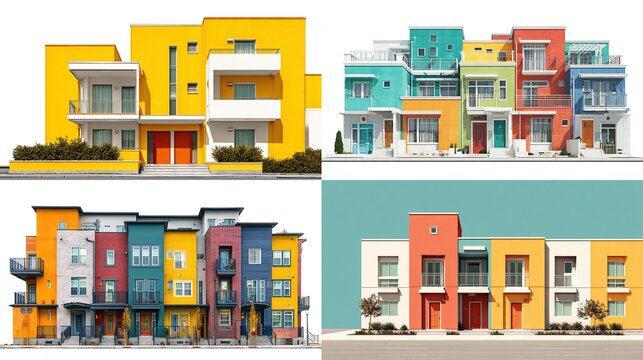 Four colorful apartment buildings, each a different palette, stand on a street