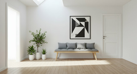 Modern Minimalist Home Interior Design White Walls Wooden Floor Geometric Art