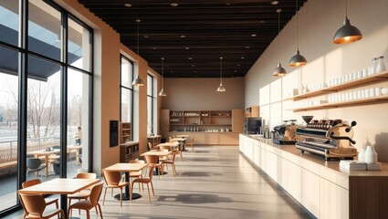 Obraz premium Interior view of a bright, modern cafe with tables, chairs, large windows, and a long counter with coffee equipment.