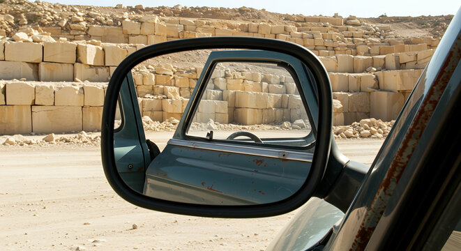 Fototapeta Desert Road Trip Classic Car View in Side Mirror Quarry Stones Landscape