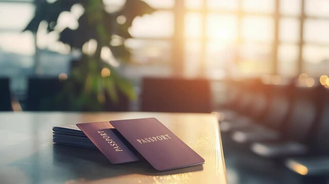 Preparing for travel at the airport in the morning with passports on table