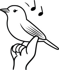 Obraz premium Vector illustration: Singing bird perched on a hand, elegant line art style.