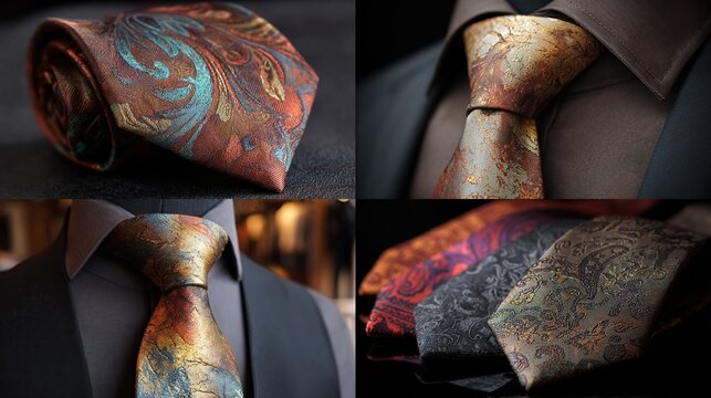 Four close-up views of patterned neckties, showcasing intricate designs in various colors, including rust, teal, gold, and burgundy, resting on or draped over dark-colored suits