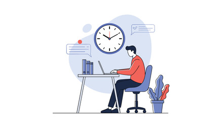 Young man focused on laptop at desk with clock and plants on white background emphasizing productivity and time management in modern office environment