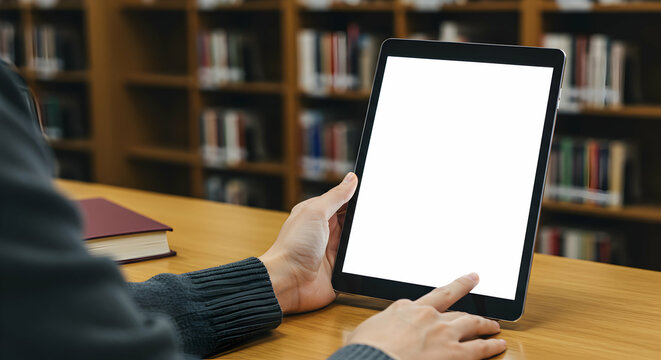 Blank screen tablet in library hands reading e book digital education technology