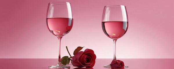 Romantic Rose and Pink Wine Glasses on Pink Background Valentines Day Anniversary Love Concept
