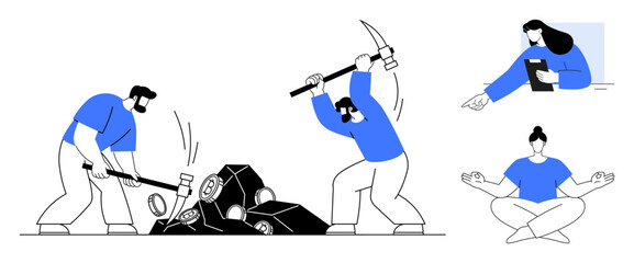 Workers breaking rocks with tools, woman pointing and managing tasks, person meditating for balance. Ideal for teamwork, labor, decision-making, focus, stress relief, balance simple landing page