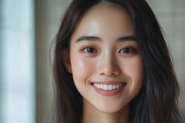 Happy Asian woman brushing her hair with a wooden comb in the morning, enjoying a calming personal routine before starting her day, Generative AI