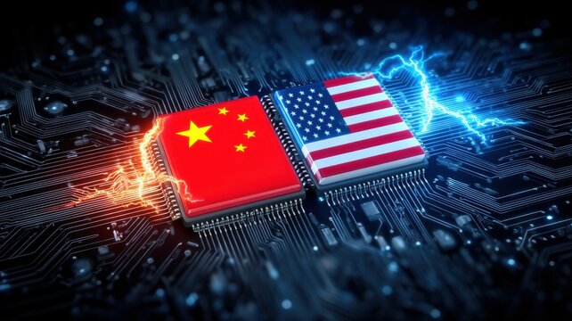 International trade conflict. Digital representation of the US and China flags on circuit board design with electric sparks.