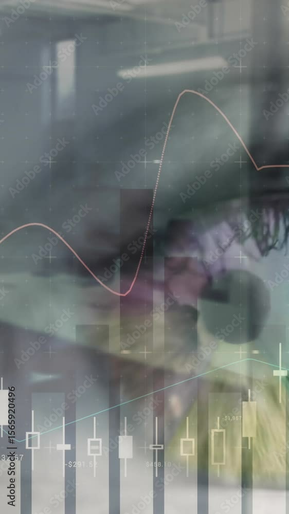 Poster animation of statistics and data processing over woman's eye in background