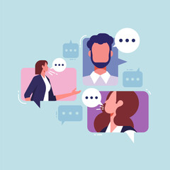 Business communication via internet concept, group of young people having a video conference online, online conversation and brainstorming, business and work