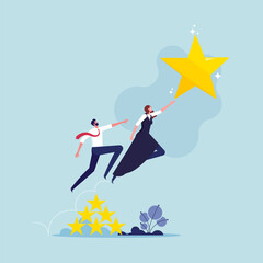 Business competition, race concept, businesswoman and man jump flying high to grab star, employees aspiring to aim, competitors rushing