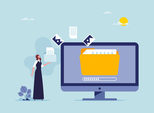 Concept of sharing file or transfer folder data. Digital file moving to cloud, employee with folders transfer send files via wireless technology