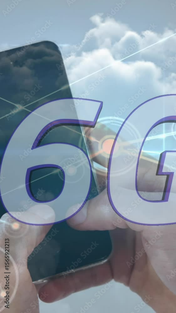 Poster animation of 6g text, network of connections and man using smartphone over clouds