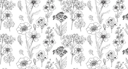Floral pattern illustration with black and white line drawings  