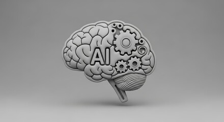 A stylized illustration of a brain with intricate gears and the letters AI, suggesting artificial intelligence.