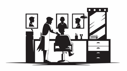 Silhouette of a barber giving a haircut to a customer in a barbershop with framed portraits on the wall
