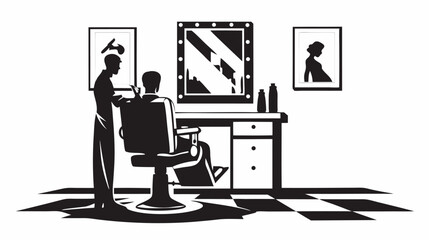 Barber is cutting the hair of a client sitting in a chair in a barber shop with mirror and artwork on walls silhouette