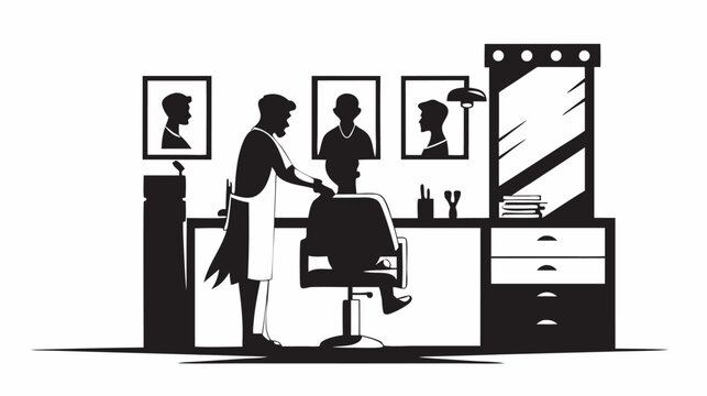 Silhouette of a barber giving a haircut to a customer in a barbershop with framed portraits on the wall