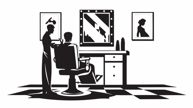 Barber is cutting the hair of a client sitting in a chair in a barber shop with mirror and artwork on walls silhouette