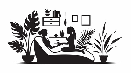 Two women in silhouette sitting in a living room with plants and furniture in black and white style