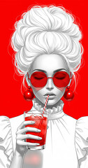 Red Hot Summer A Stylish Woman Sipping a Refreshing Red Drink,  Cherry Earrings and Retro Sunglasses,  Monochromatic Red and White Illustration