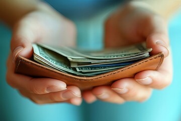 Close-up view of a person opening an empty wallet, reflecting the challenge of managing finances, Generative AI