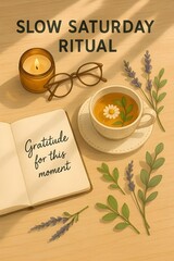 Flat Lay of a Slow Saturday Ritual — Herbal Tea, Journal, and Soft Natural Light