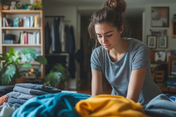 Housewife cleaning up clutter in the living room, organizing and tidying the home, Generative AI