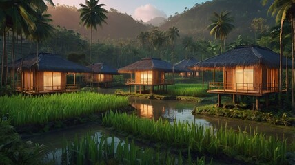 Fototapeta premium Futuristic Indonesian Village with Traditional Houses and Green Cyber Technology