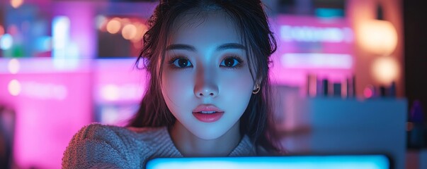 Asian female beauty influencer livestreaming a cosmetics tutorial, showcasing makeup products through her smartphone, Generative AI