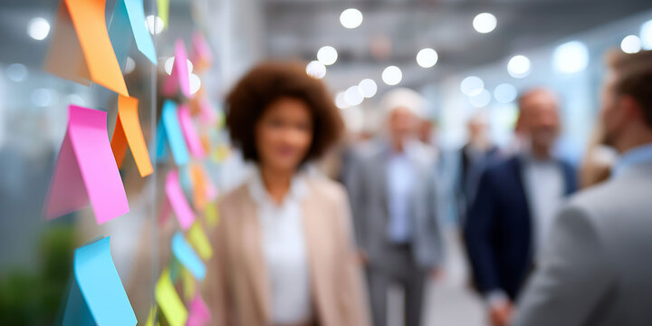 In the foreground, an office wall is covered with colorful sticky notes, and in blurred focus, business people in suits are seen walking around it.