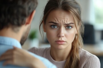 in the workplace. Unhappy female employee looking at her boss's hand touching her shoulder, expressing discomfort and disgust, Generative AI