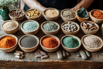 Mindful health habits: A person deliberates supplement information before consumption, ensuring nutritional awareness and well-being, Generative AI