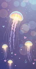 Enchanted Jellyfish A Dreamlike Underwater Ballet of Graceful Creatures, Shimmering Colors, and Gentle Hearts