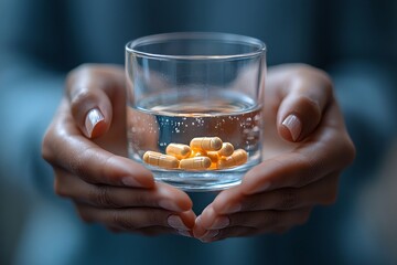 Healthcare harmony: Close-up hands holding medication and a glass of water for optimal wellness and mental health care, Generative AI