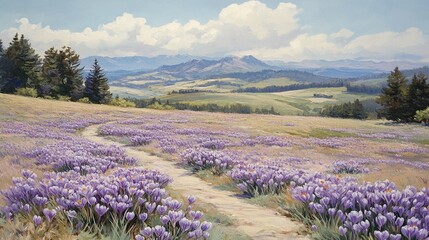 Fototapeta premium Crocus Meadow Path Landscape